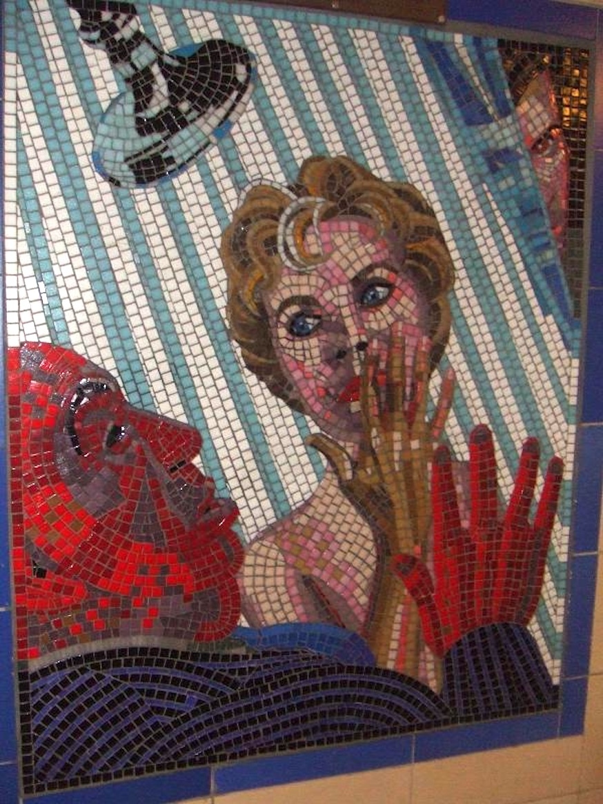 Hitchcock mosaic in Leytonstone showing the shower scene