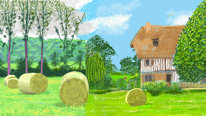 A bucolic scene of hay bales in front of a cottage