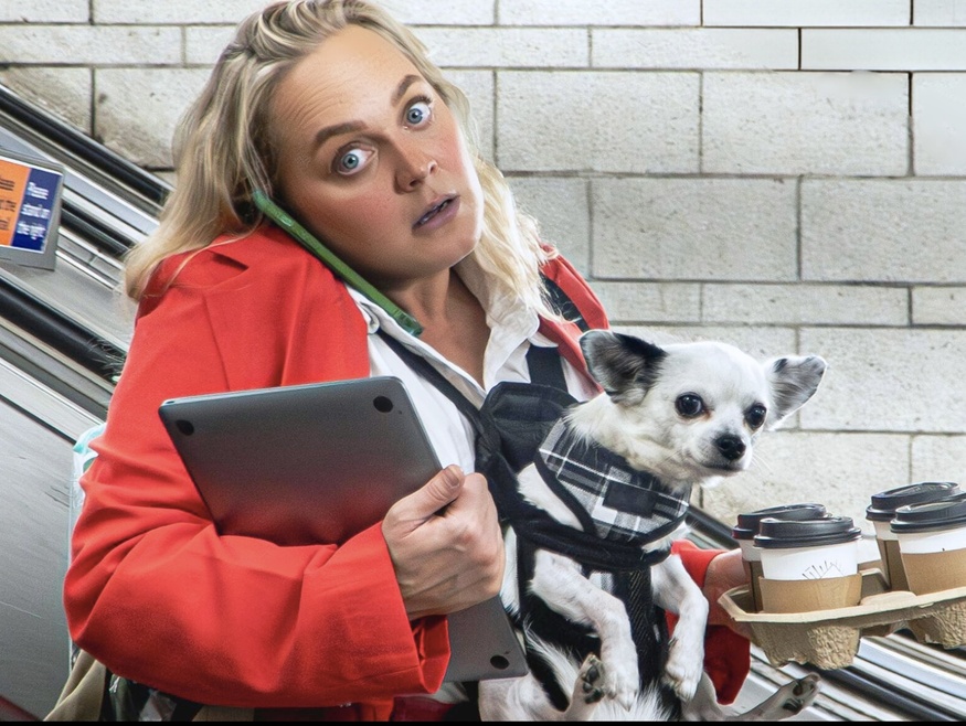 A person on an escalator holding a dog and coffees