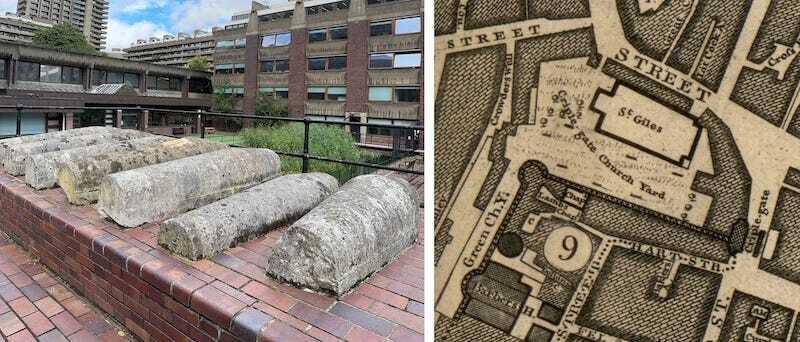 Seven grave markers in st giles cripplegate, with map of the area in 1746