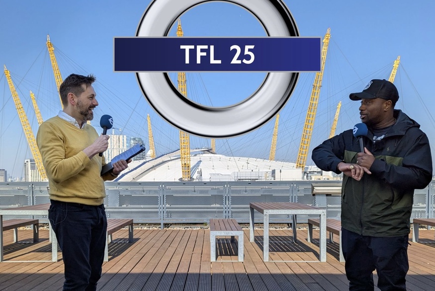 Tim Dunn interviewing Babatunde Aleshe in front of the O2