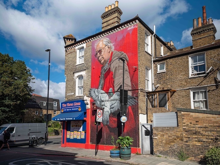 Pigeon man mural in south lambeth road