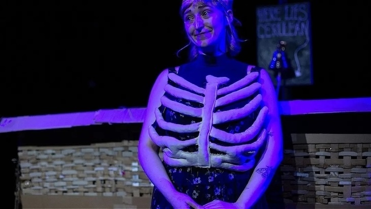 A lady in a violet skeleton costume