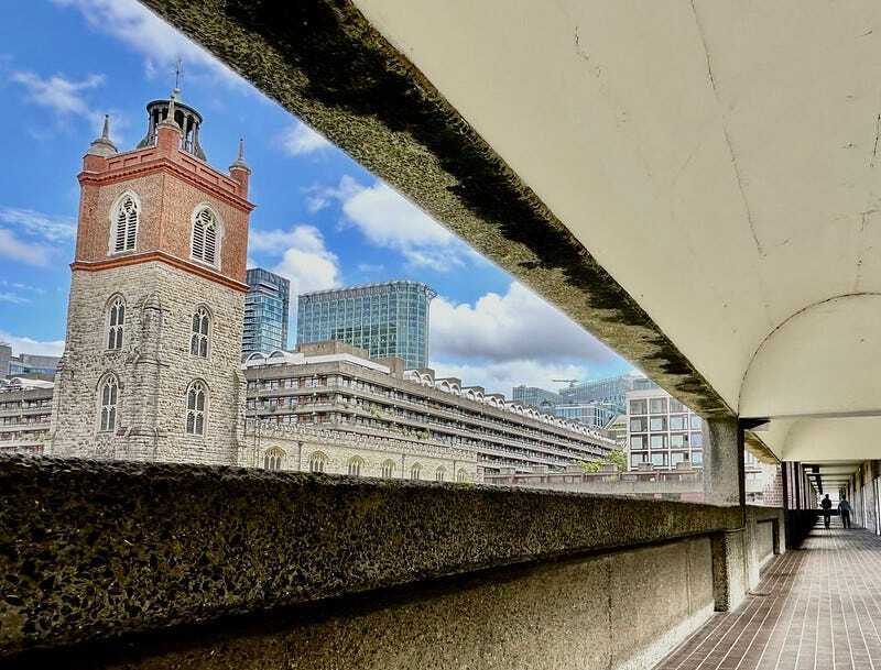 St giles cripplegate seen from a Barbican highwalk
