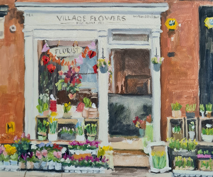 Things to do in London in October 2025: an oil painting of the exterior of a florist shop