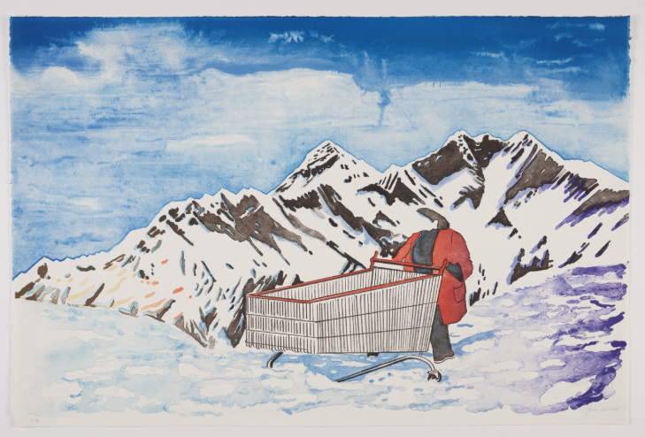 Things to do in London in October 2025: an artwork of someone pushing a supermarket trolley in front of a mountain range