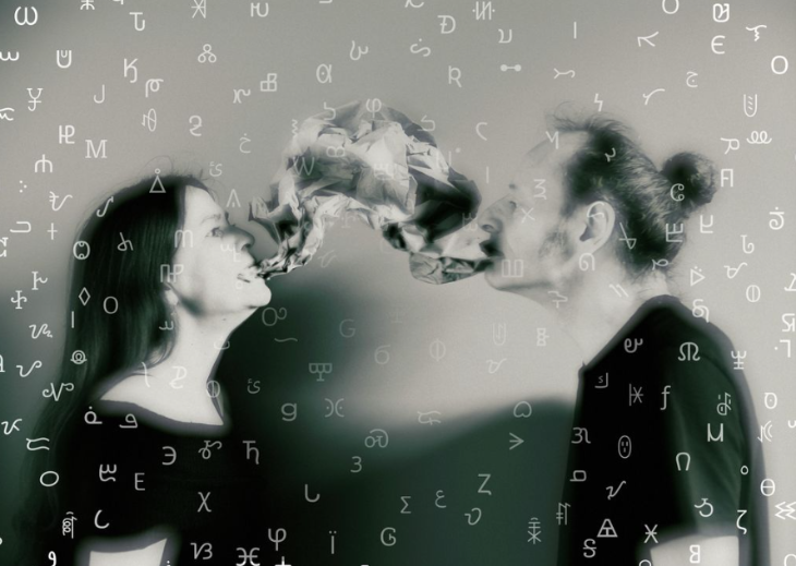 Things to do in London in October 2025: two people facing each other, surrounded by letters, with a cloud between their mouths