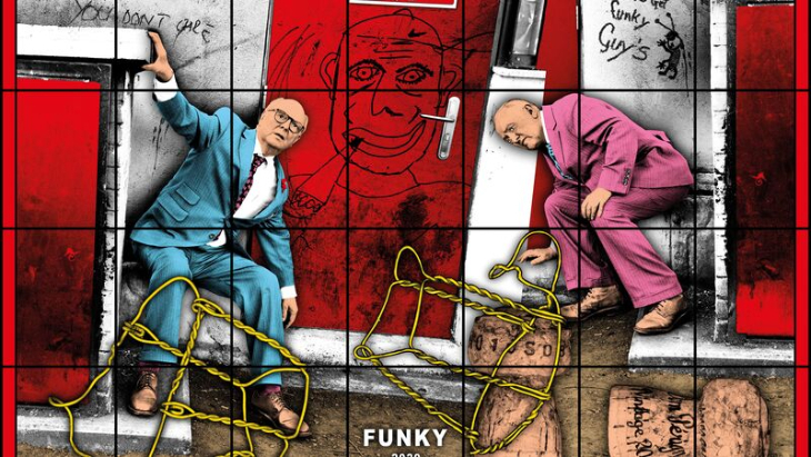Things to do in London today: A Gilbert & George artwork, stained glass style, showing the two of them with zimmer frames