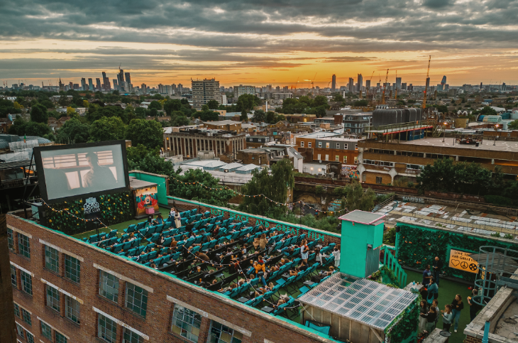 Things to do today in London: a cinema on a rooftop, with the London skyline in the distance