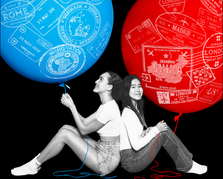 Things to do today in London: two women sitting back to back, each holding a giant balloon covered in passport stamps from different countries
