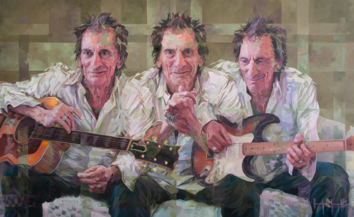 Things to do in London this weekend: a triptych painting of Ronnie Wood sitting down playing a guitar