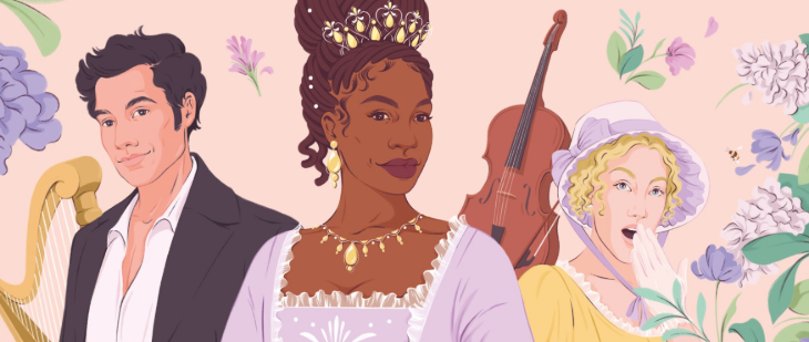 Things to do in London today: an illustration of characters from Bridgerton