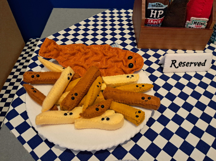 Things to do in London today: a plate of fish and chips made entirely from felt