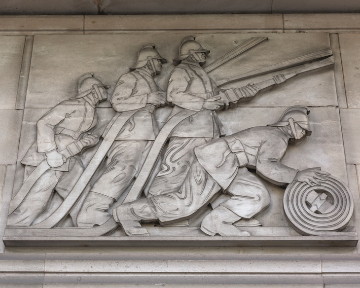An art deco tableau of firefighters