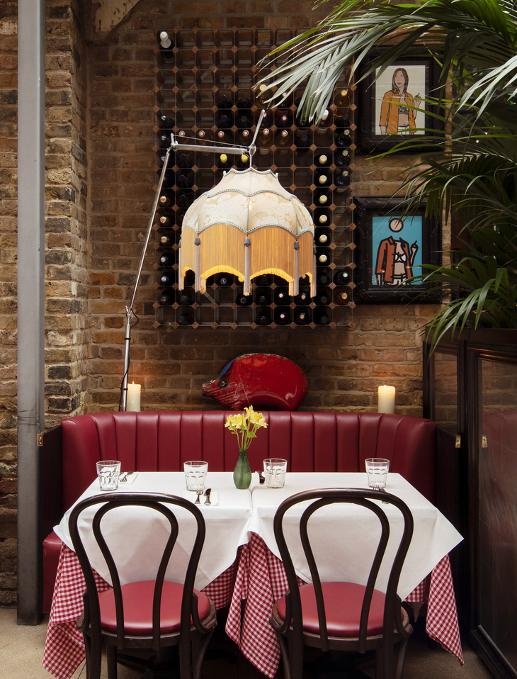 A banquette in a wine bar