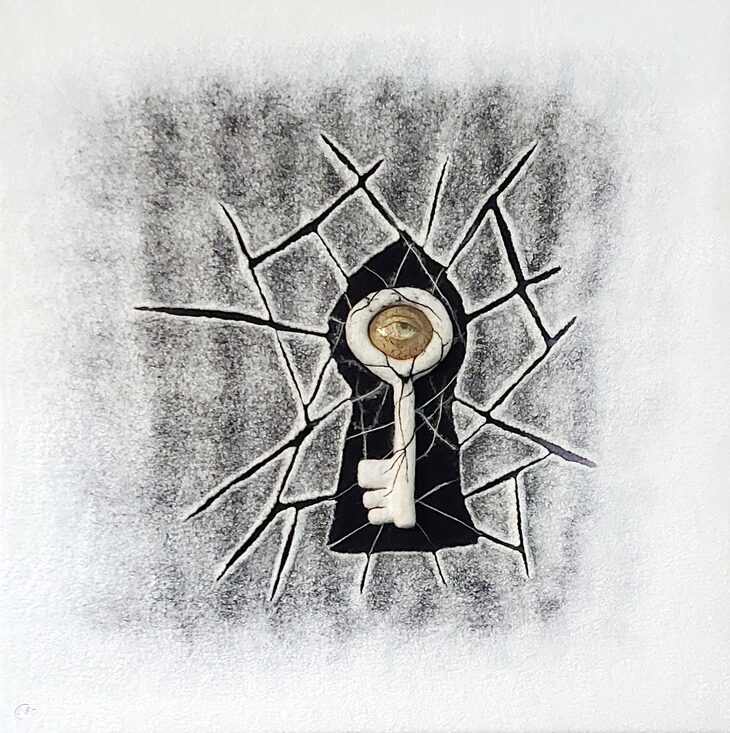 An artwork of a key with an eye looking through it