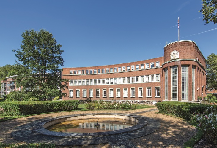 A curved redbrick building