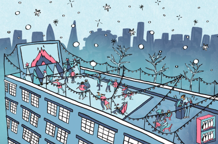 Where to go ice skating in London for Christmas 2025: an illustration of an ice rink on a rooftop, with the London skyline in the background