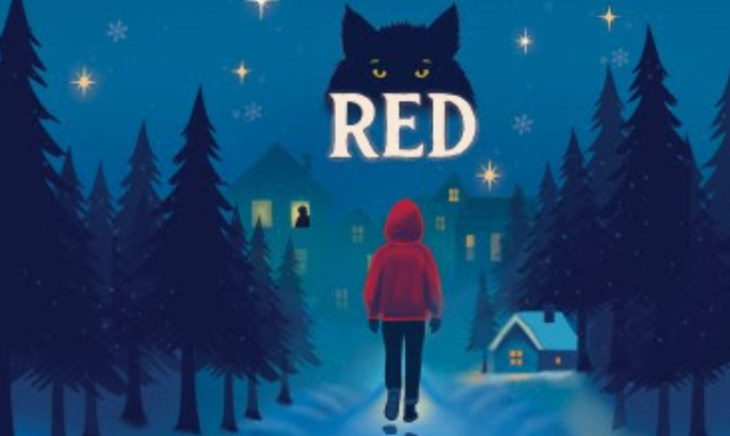 Family Christmas theatre shows 2025:  poster for Red with an illustration showing a person in a red jacket walking through a forest
