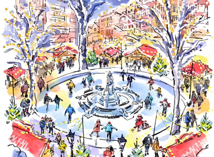 Where to go ice skating in London Christmas 2025:  a charming illustration of people ice skating in Leicester Square