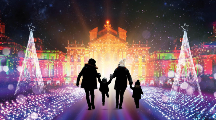 Winter light trails festivals near London Christmas 2025: a CGI image of a  family walking towards Blenheim Palace, with lights and Christmas trees on either side