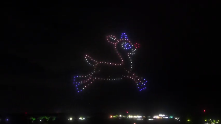 Christmas winter light festivals and trails London 2025: the shape of Rudolph in the night sky made from dozens of individual drones
