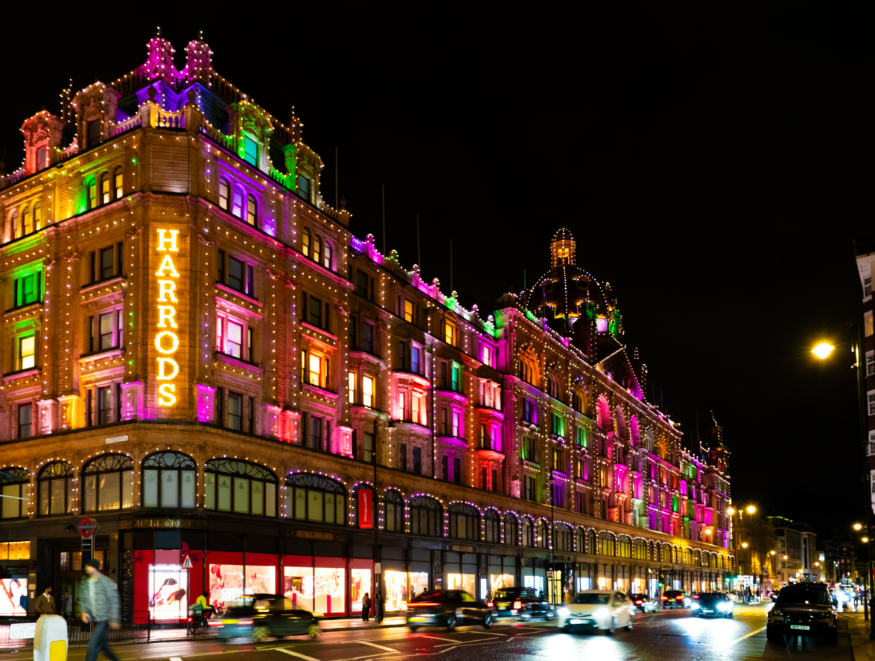 Free events in London this week: the exterior of Harrods illuminated in different colours