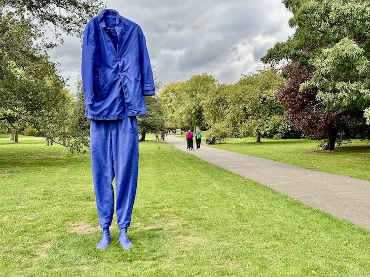 Free events in London this week: a sculpture of a blue suit appearing to stand up on its own
