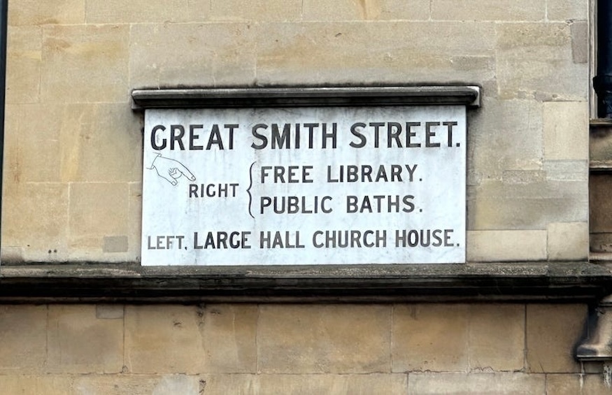 A sign to the library on Great Smith Street