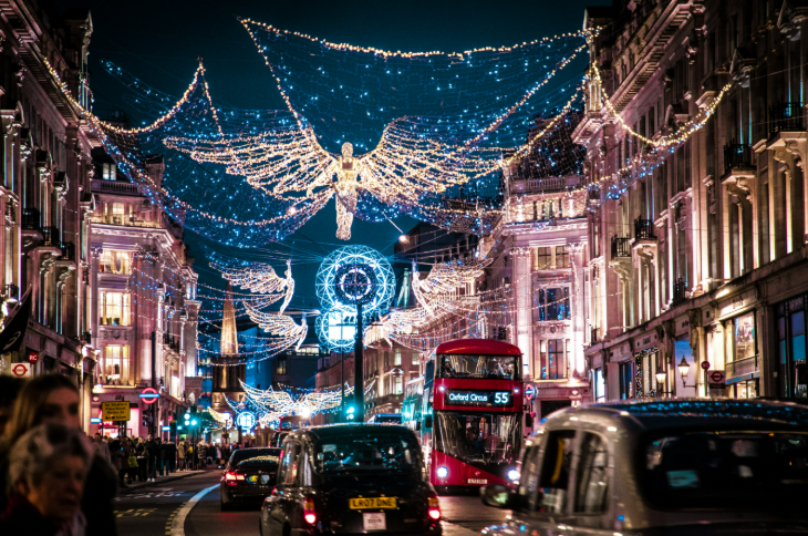 London's best bus route to see Regent Street Christmas lights 2025: traffic beneath the angel Christmas lights on Regent Street