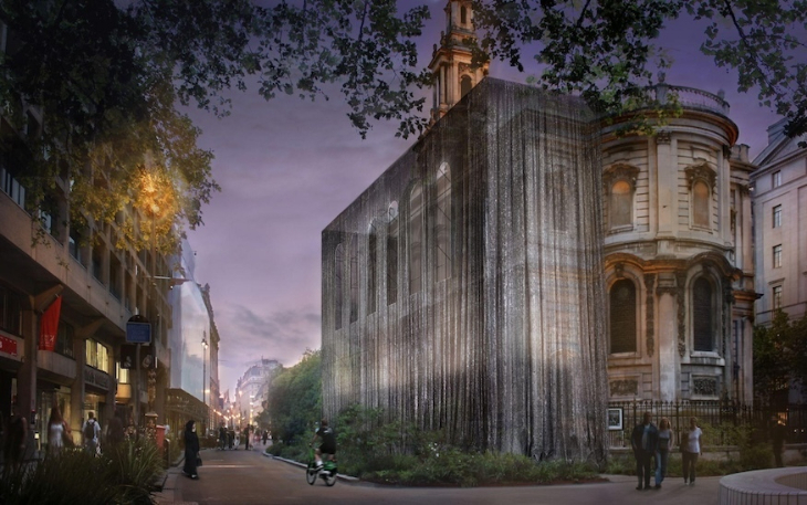 A shimmering curtain is draped over this central London church