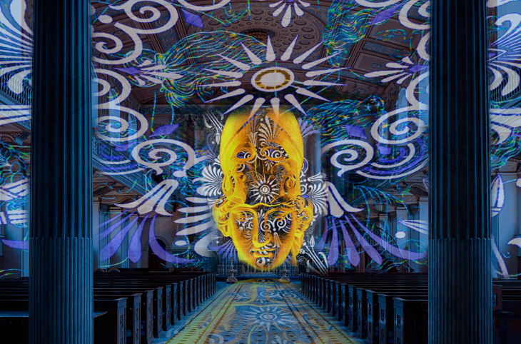 Christmas winter light festivals and trails London 2025: projections on the interior of the Old Royal Naval College in Greenwich for Time by Lumuralis light show