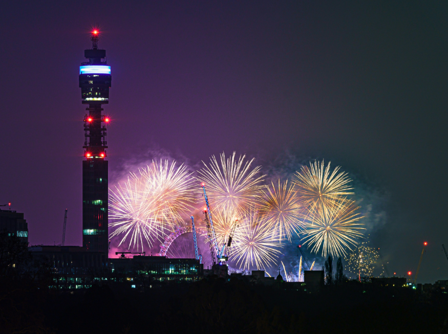 New Year's Eve events and parties in London: Fireworks on the London skyline behind the BT Tower