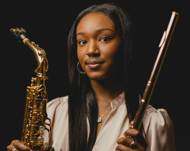 Things to do today in London: Rianna Henriques holding a flute in one hand and a saxopohone in the other