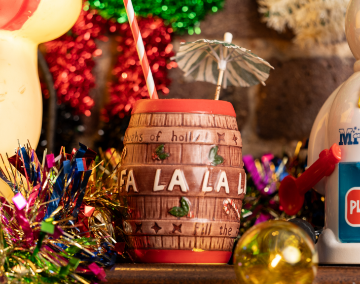 Thing to do in London today: a Christmas mug, surrounded by tinsel