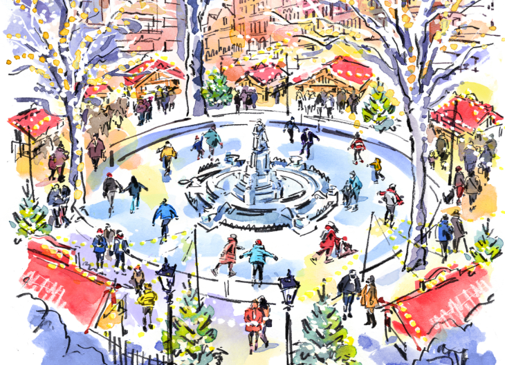 Things to do in London this weekend: a drawing of the Leicester Square ice rink, in a circle around the Shakespeare statue