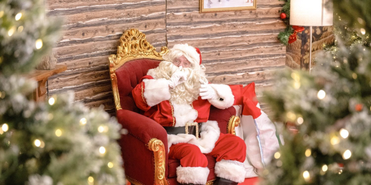 Best Santa's grottos meet Father Christmas London 2025 tickets: Santa sitting in a throne-style chair in his grotto, surrounded by Christmas trees