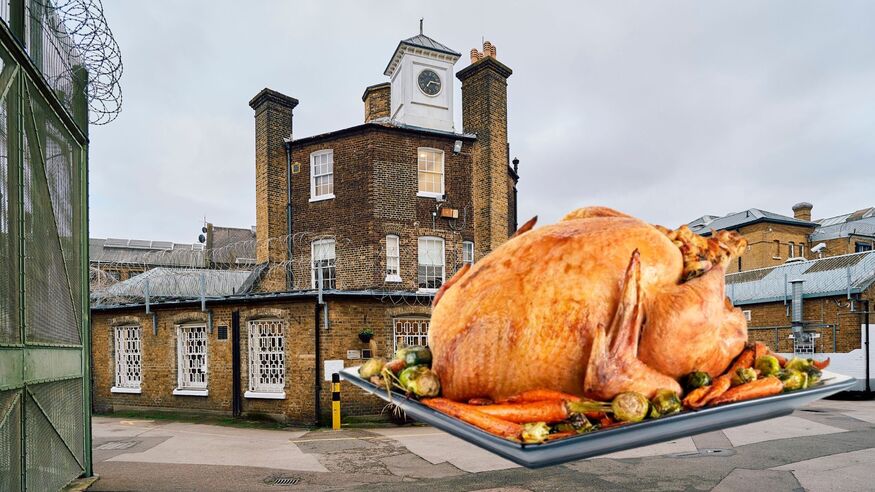 A roast turkey in front of a prison