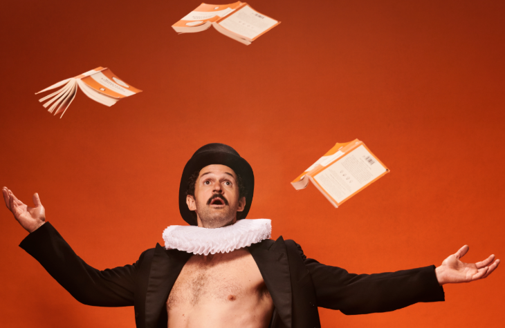 A man in a ruff throwing books in the air for reasons unknown