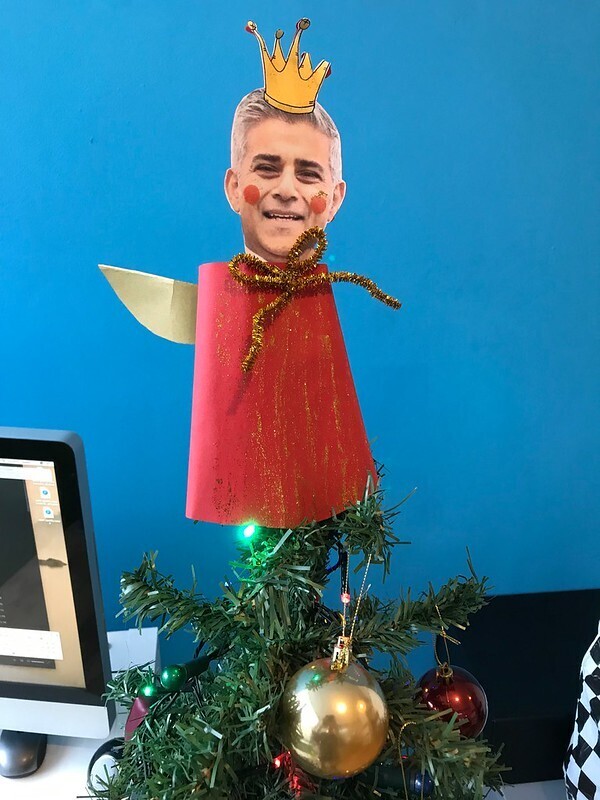 Sadiq Khan as a fairy on a Christmas tree