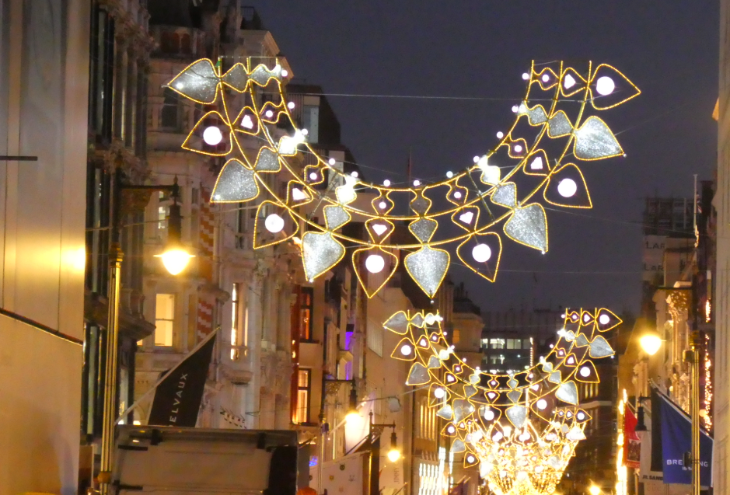 Self-guided Christmas lights walk London 2025: jewellery themed Christmas lights glowing over Bond Street