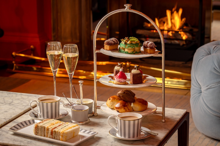 Christmas afternoon tea in front of a fireplace