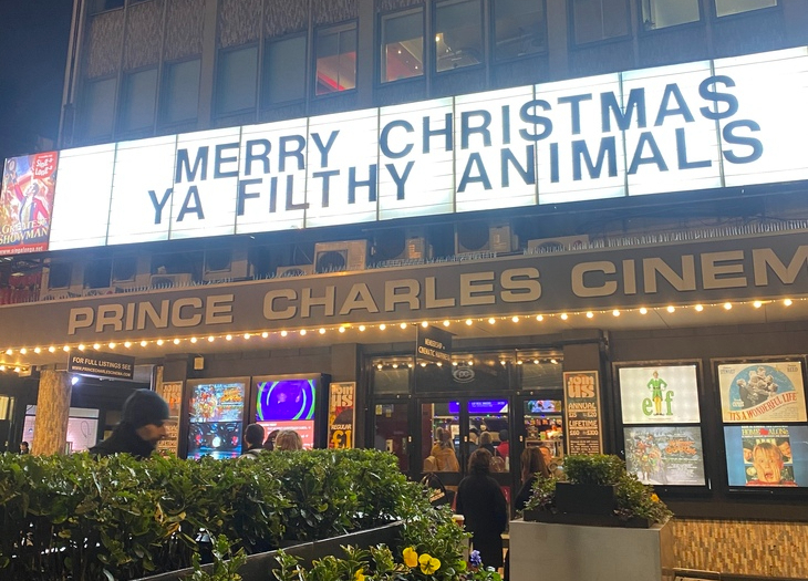 Christmas 2025 film screenings in London: exterior of the Prince Charles Cinema at Christmas