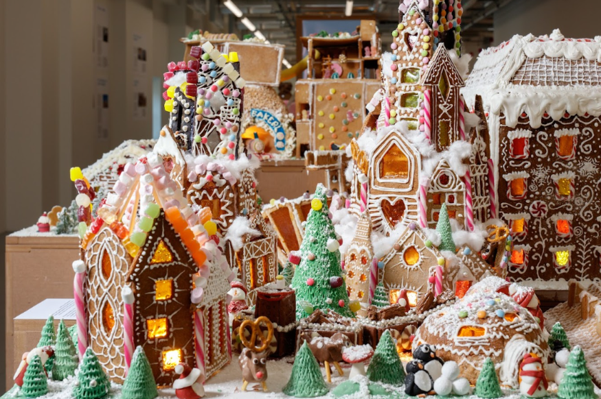 Things to do in London December 2025: miniature buildings made from gingerbread and decorated with icing and sweets