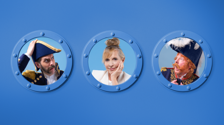 Things to do in London December 2025:  Mel Giedroyc and two co-stars in the portholes of a blue ship