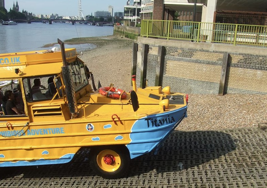 A Duck Tour emerging from the water