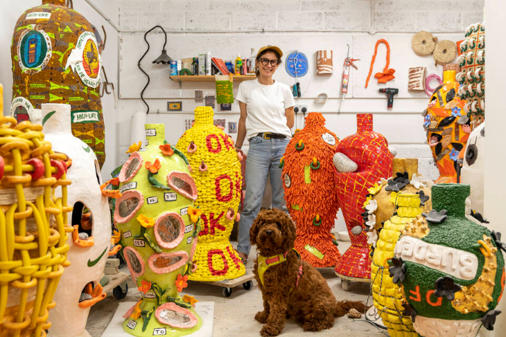 Free events in London: artists Xanthe Somers standing among large-scale colourful ceramics
