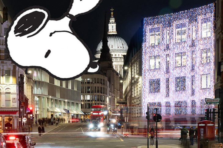 Free events in London: a graphic of Snoopy over a photo of the Fleet Street Christmas lights