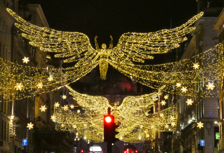 Self-guided Christmas lights walk London 2025: glowing angel lights over Regent Street St James