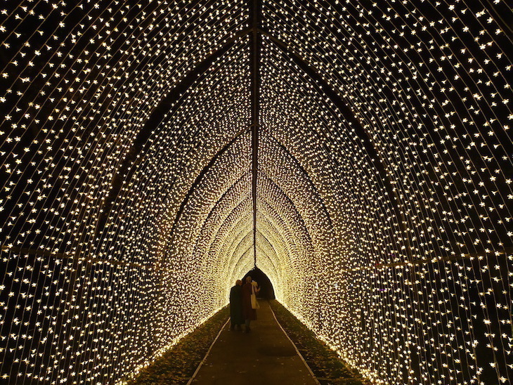 Things to do in London December 2025: a tunnel  of lights at the Christmas at Kew light trail